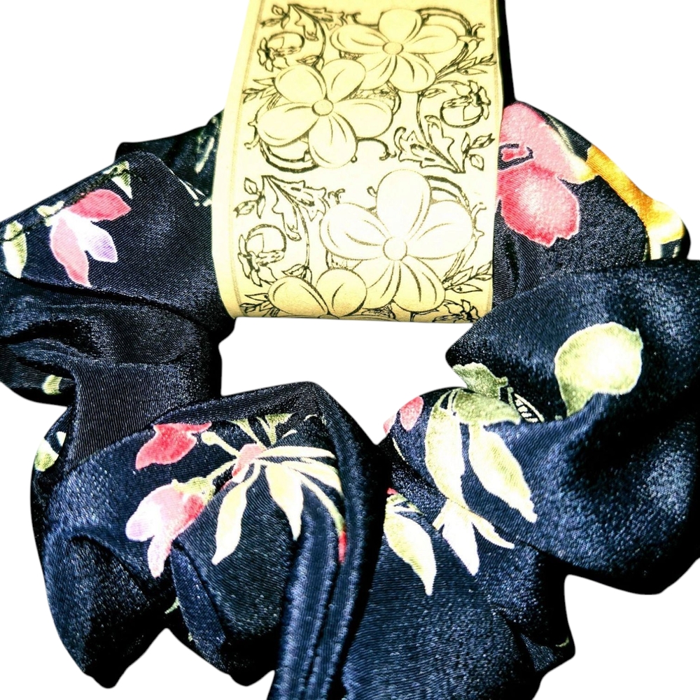 Floral Scrunchie - Navy Blue. 2-Pc. Set. Item No. S-103. - Picture 6 of 11